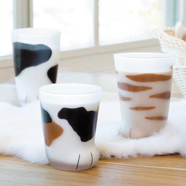 Pair 3 Cat Paw Frosted Calico Cups Glass Milk Cute Gift Tumbler Claw Foot Cute