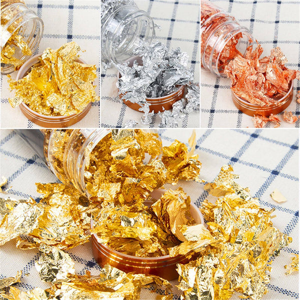 3PCS Gold & Silver & Rose Gold Foil Flakes Leaf Wrap Nail Art Acrylic Gel Polish