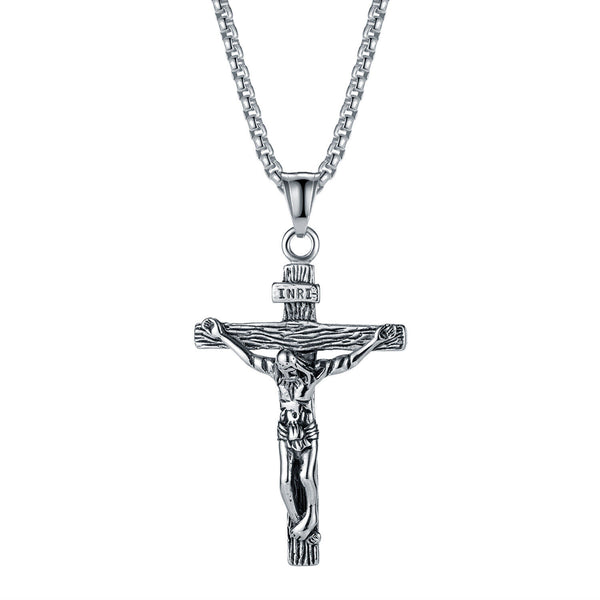 Men Stainless Steel Gold Silver Old Gold Jesus Crucifix Pendant Chain Necklace