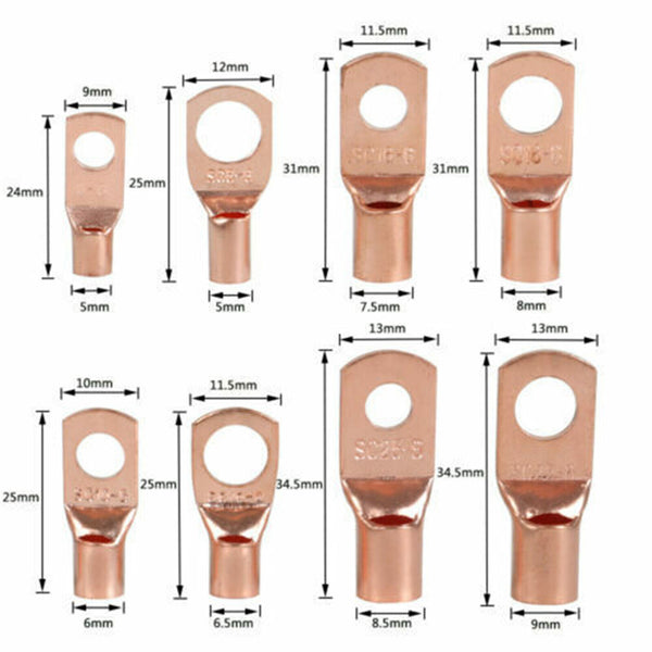 140PCS Cable Lugs Battery Copper Ring Crimp Terminals Electrical Wire Connectors