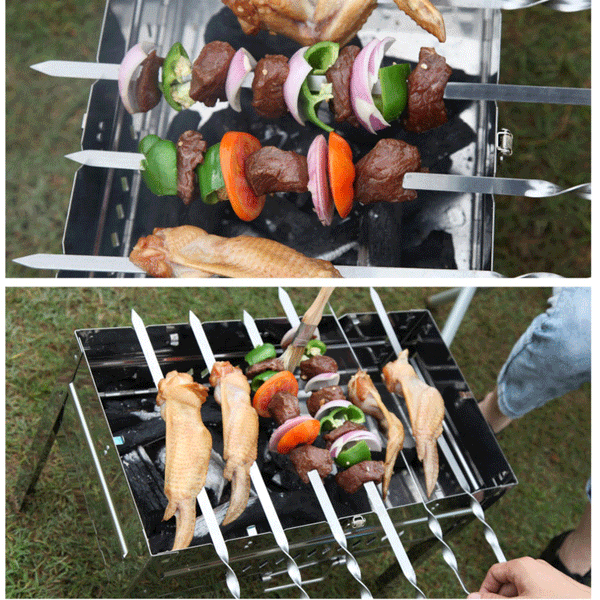 6X 55cm Flat Kebab Skewers Stainless Steel BBQ Meat Stick Barbecue Wooden Handle