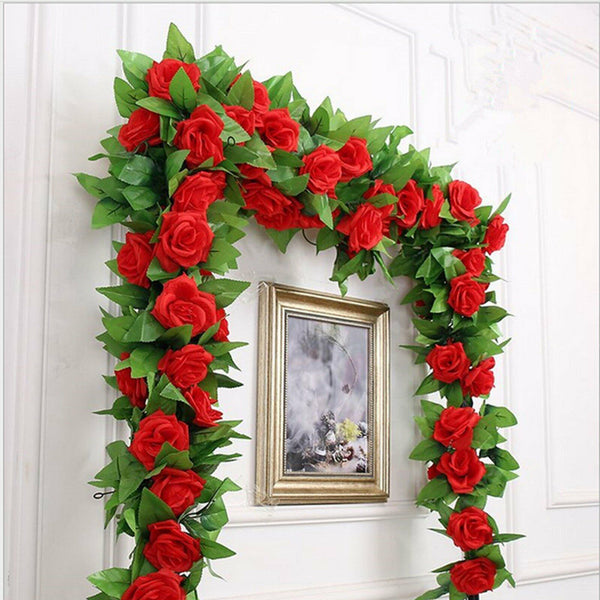 2X=4.8M Artificial Rose Garland Silk Flower Vine Ivy Wedding Yard Garden Decorti