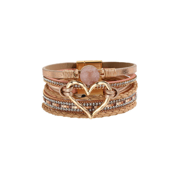 Chic Women Multi-Color Leather Wrap Bracelet Love Heart Charms Magnetic Clasp