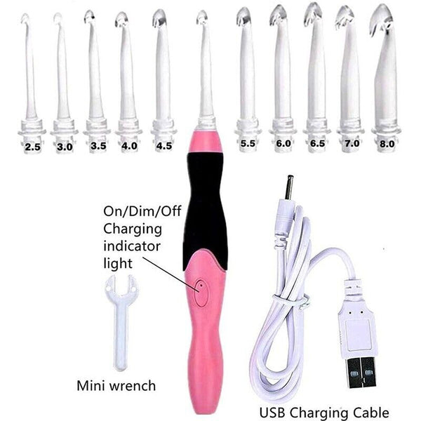 11in 1 LED Light Up Crochet Hooks Set USB Knitting Needles Weave Sewing Tools AU