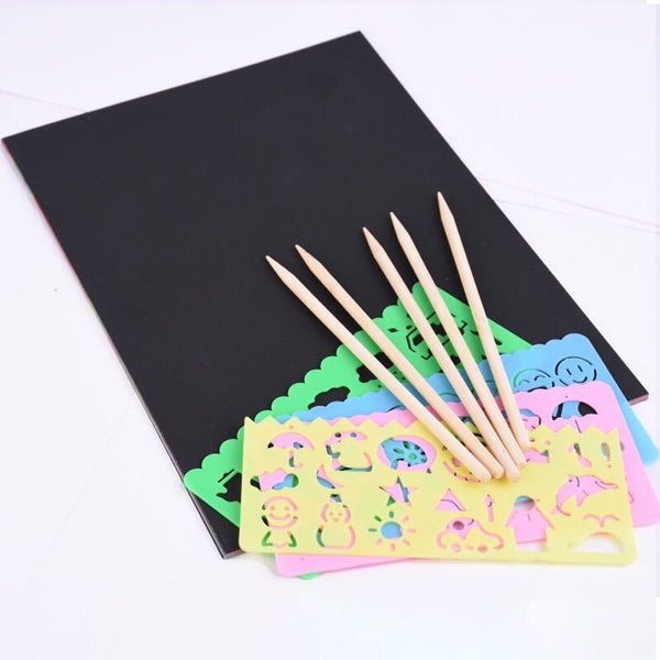 10Sheets Scratch Paper Creative Art Rainbow Paper Sketch Book Bamboo Pens Rulers - Lets Party