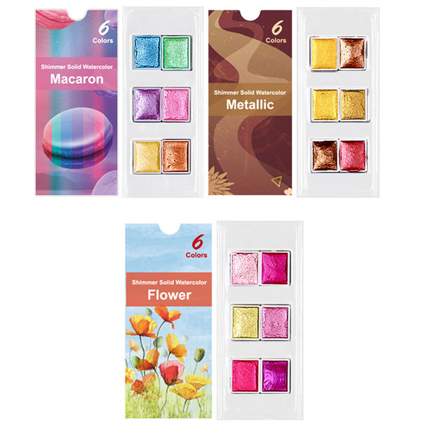 6X Handmade Metallic Solid Watercolour Paints Glitter Shimmer Painting Art Decor