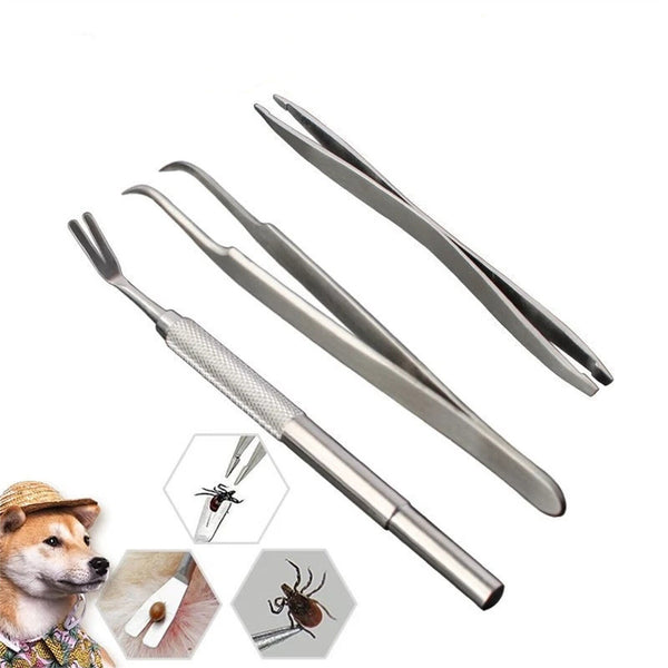 3pcs Pet Cat Dog Tick Remover Tool Stainless Steel Fleas Tweezers Clip Kit Set