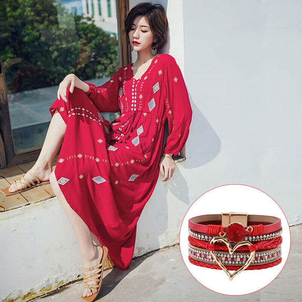 Chic Women Multi-Color Leather Wrap Bracelet Love Heart Charms Magnetic Clasp