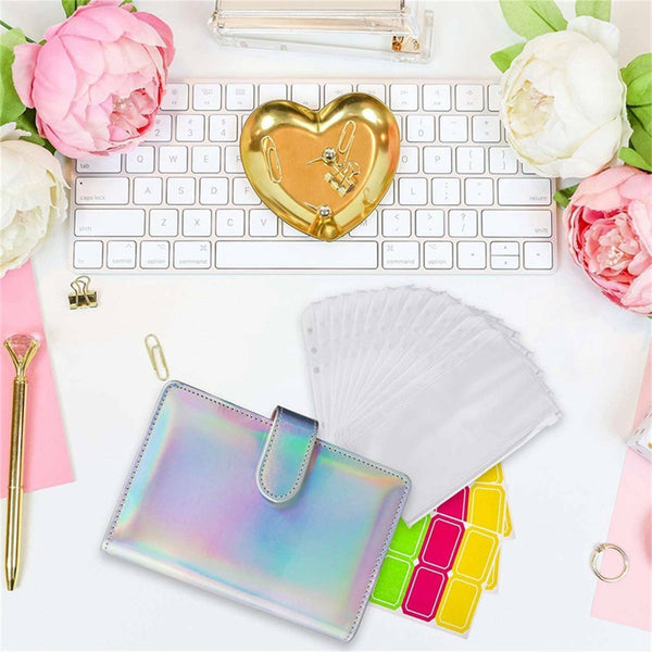 A6 PU Laser Leather Notebook Binder Budget Planner Organizer Cash Binder Pockets