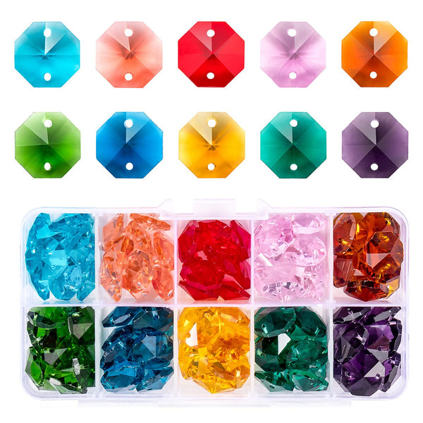 20 x octagon beads mixed colours crystal glass suncatchers mobiles 14mm 2 holes