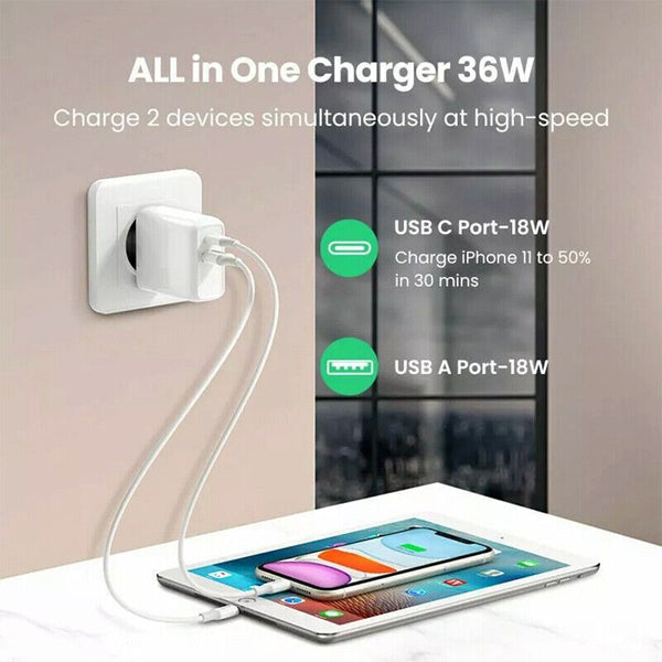 DUAL USB Wall Charger Fast PD Power Adapter Type C QC3.0 For Android iPhone iPad