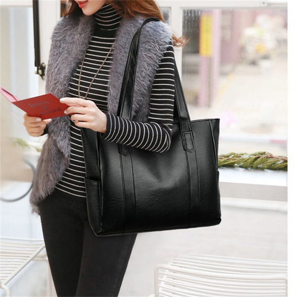Women PU Leather Handbag Large Capacity Durable Shoulder Tote Bag W/ Side Pocket