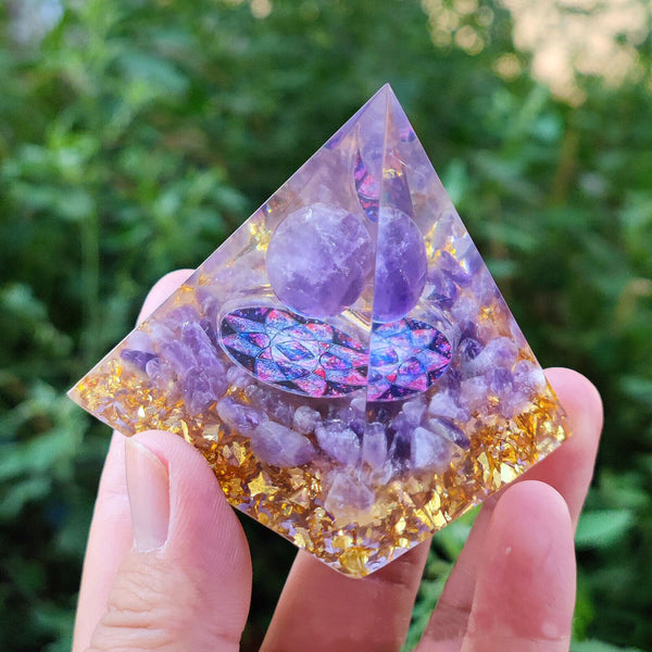 Amethyst Crystal Sphere Orgonite Pyramid & Obsidians Chakra Energy Orgone Stone
