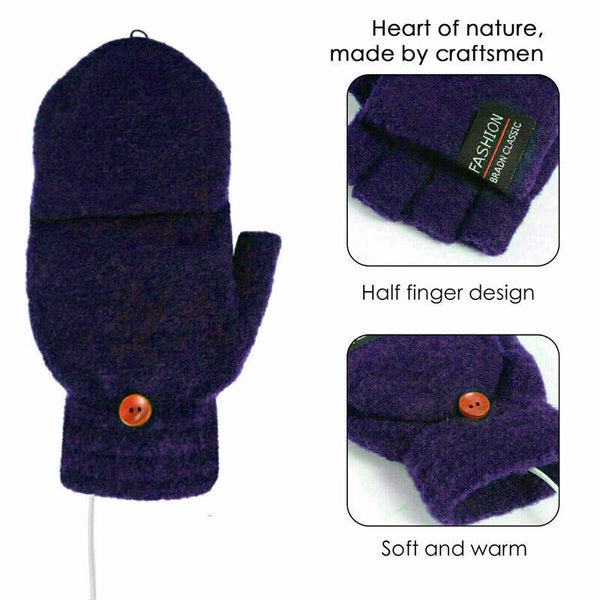 Winter Electric Rechargeable Mitten Heated Gloves Half Finger W/Hat USB Knitted
