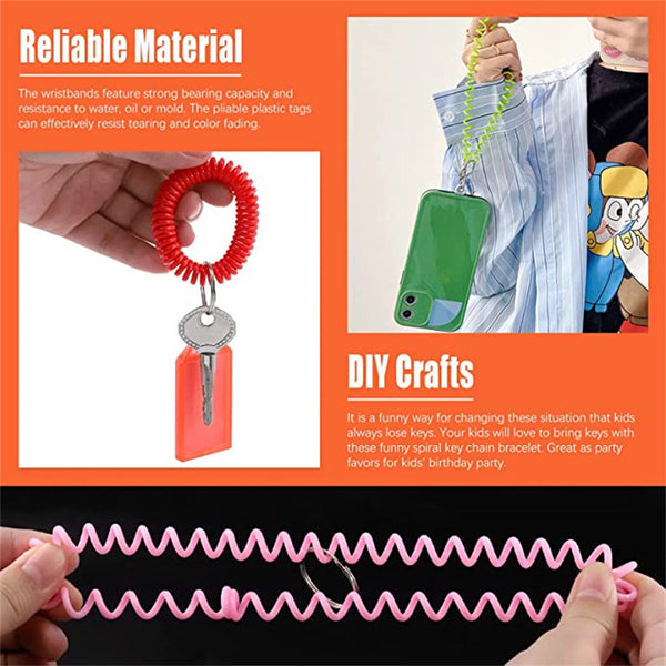 10 Sets Keychains Luggage Tag- Spring Spiral Stretch Coil Wristband Key Ring ID