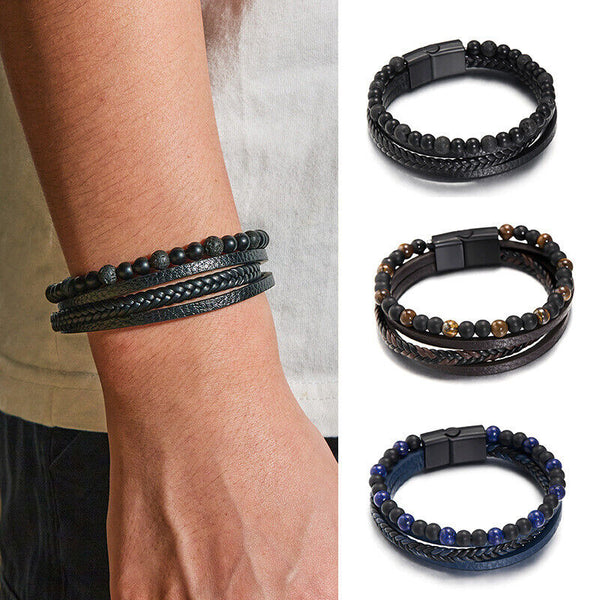 Mens Leather Braided Surfer Wristband Bracelet Tiger Eyes Beaded Bangle Gift