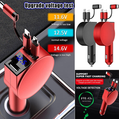 3 IN 1 Fast Retractable Car Charger USB Port Charging Adapter for iPhone Android