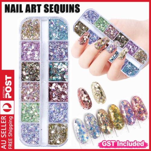 12 Color Holographic Nail Sequins Glitter Flakes Sparkle Confetti Art Decal AU