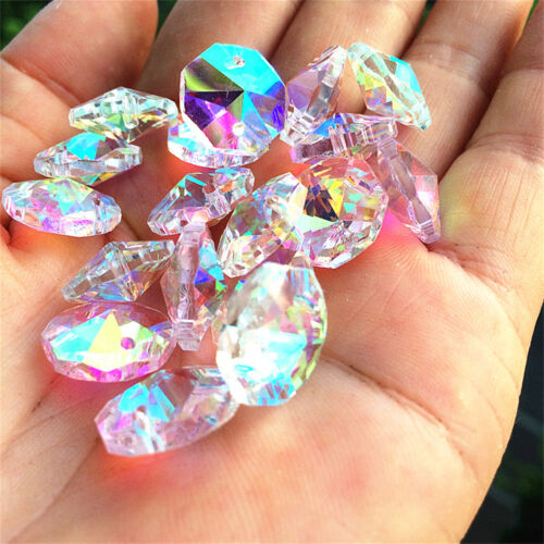 20x Crystal glass octagon beads 14mm 2 holes suncatchers mobile chandelier DIY