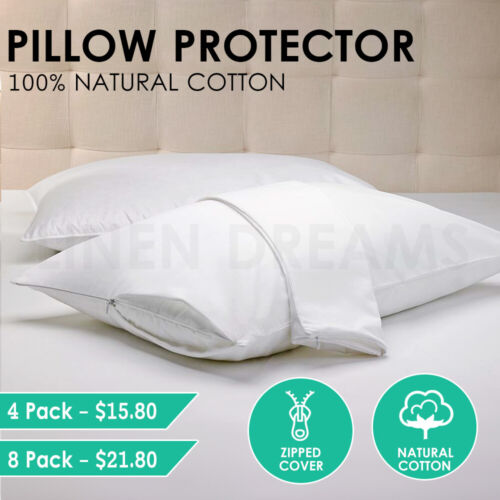 2x / 4x / 8x Natural Cotton Cover Pillow Protector Zip Closure Standard Case - Lets Party