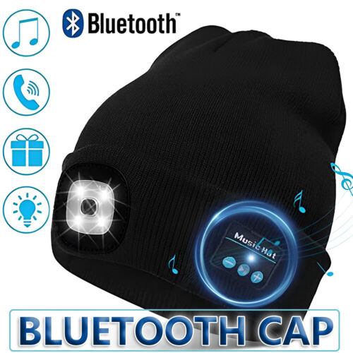 Bluetooth LED Beanie Hat with Music Speakers Mic Rechargeable Cap Head Lamp Gift
