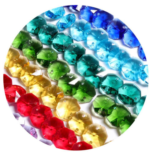 20x Crystal glass octagon beads 14mm 2 holes suncatchers mobile chandelier DIY