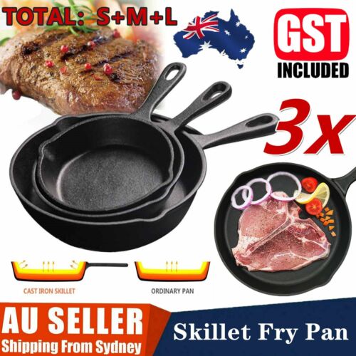 3PCS Cast Iron Skillet Fry Pan Pre Seasoned Oven Safe Cooktop &BBQ 16/20/25CM AU