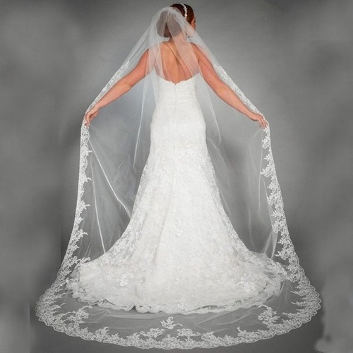 White Lvory  Women Bridal Wedding Cathedral Length Veil 1Layer Long Lace + Comb