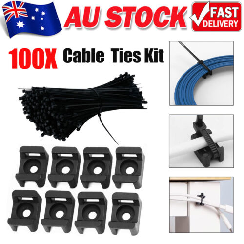 200x Cable Zip Ties and Base Mount Kit Screw Fixing Wire Holder Organizer Black