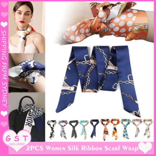 2PCS Women Silk Twilly Ribbon Narrow Scarf Wrap Tied Bag Handle Hair Tie Bandana