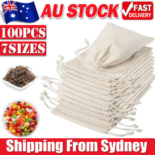 100PCS 7 Sizes Drawstring Storage Bags Calico Bags Linen Tote Gift Bag Bulk AUS