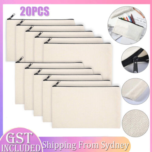 20Pcs Canvas Zipper Pouch Bags Canvas Makeup Bags Pencil Case Blank DIY Craft AU