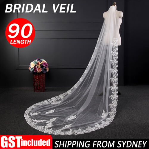 White Lvory  Women Bridal Wedding Cathedral Length Veil 1Layer Long Lace + Comb