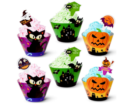 24PCS Halloween Cupcake Toppers Wrappers Halloween Party Decoration