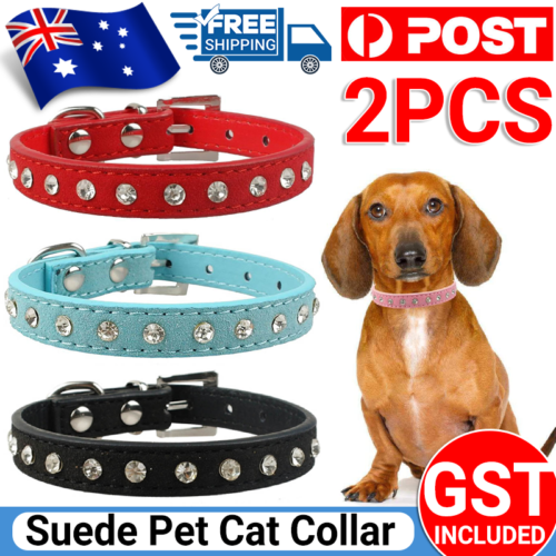2pcs Cat Collar Suede Kitten Pet Safety Elastic Adjustable Bell Rhinestone Bling