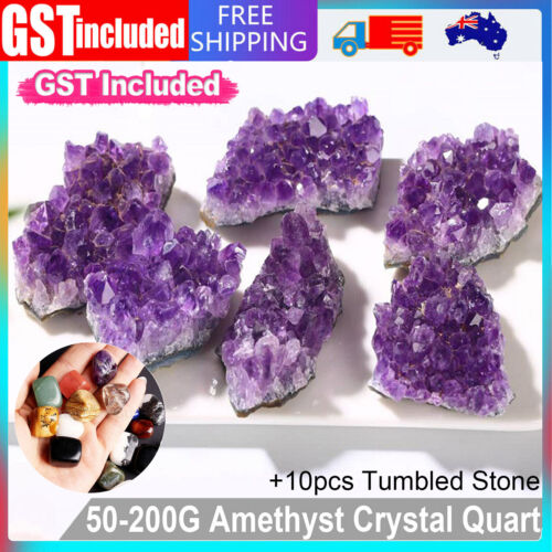 50~200g Natural Amethyst Quartz Geode Druzy with 10Pcs Natural Tumbled Stone AU