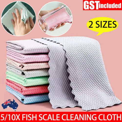 5/10X Fish Scale+Microfiber+Glass Cleaning Cloth Set Polish Towel Wipes Bulk AU