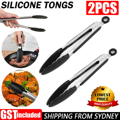 2Pack Black Kitchen Tongs Premium Silicone BPA Free Non-Stick Stainless Steel AU