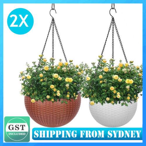 2x Landen Rattan Hanging Plant Pots Flower Baskets Planters Self Watering Wall