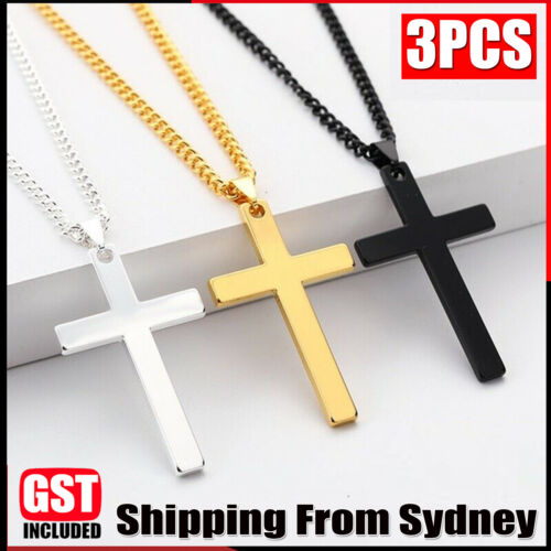 3PCS Stainless Steel Cross Pendant Men Women Chain Necklace Religious Jewelry AU - Lets Party