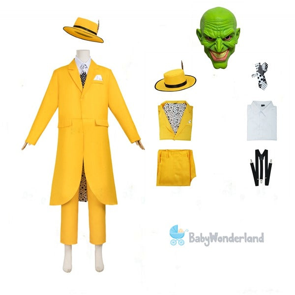Adult Men The Mask Jim Carrey Yellow Suit Mask Cosplay Costume Halloween Party