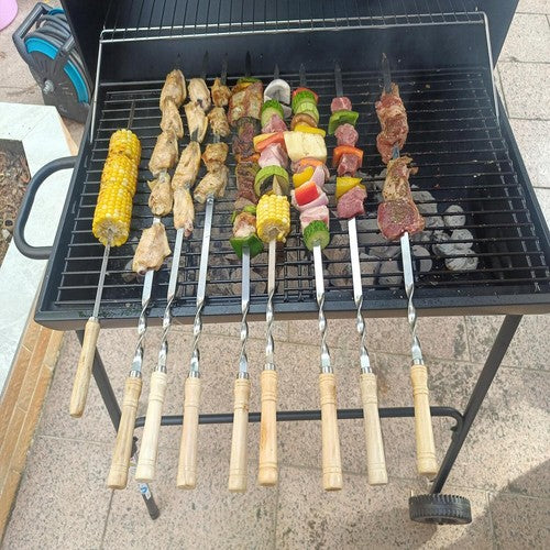 55cm Flat Kebab Skewers Stainless Steel BBQ Meat Stick Barbecue Wooden