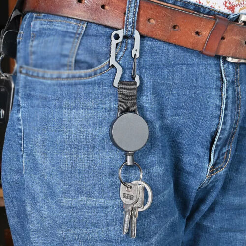 5x Retractable Stainless Steel Keyring Pull Ring Key Chain Recoil Heav