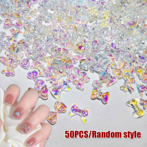 50PCS Aurora Bow/Bear/Butterfly Nail Rhinestone Kawaii Resin Nail Art