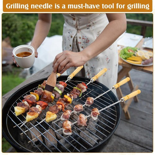 55cm Flat Kebab Skewers Stainless Steel BBQ Meat Stick Barbecue Wooden