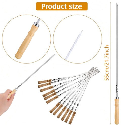 55cm Flat Kebab Skewers Stainless Steel BBQ Meat Stick Barbecue Wooden