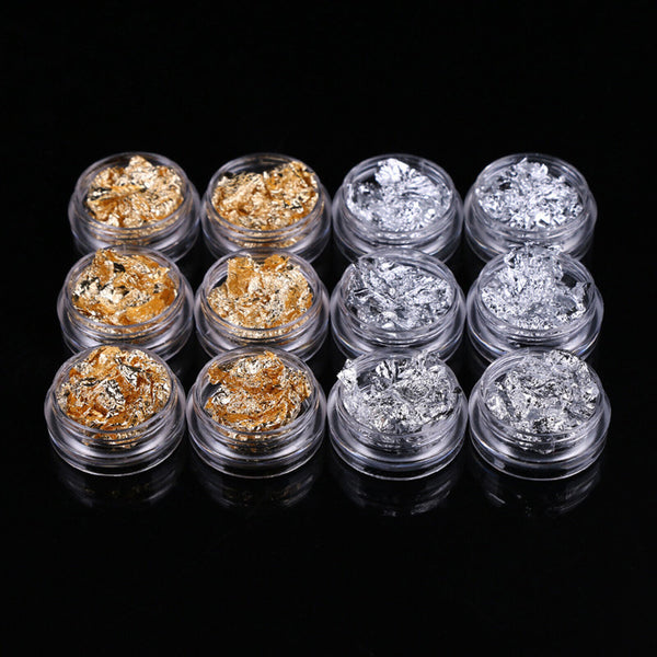 UP 24PCS Gold Silver Foil Flakes Leaf Wrap Nail Art Acrylic Gel Polish Nail Art