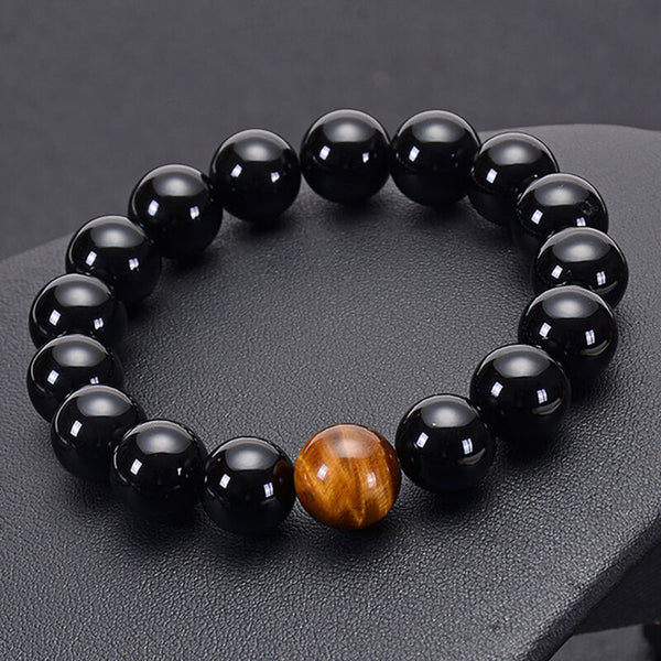 12mm Chakra Bracelet Natural Healing Bead Black Obsidian And Tiger Eye