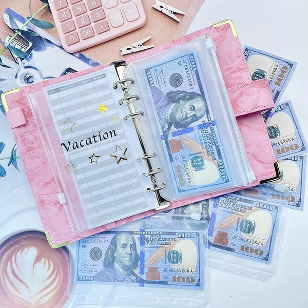 A6 Leather Notebook Budget Binder PU Planner Cover Cash Pockets Sheets