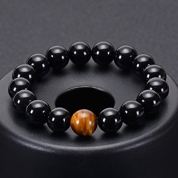 12mm Chakra Bracelet Natural Healing Bead Black Obsidian And Tiger Eye